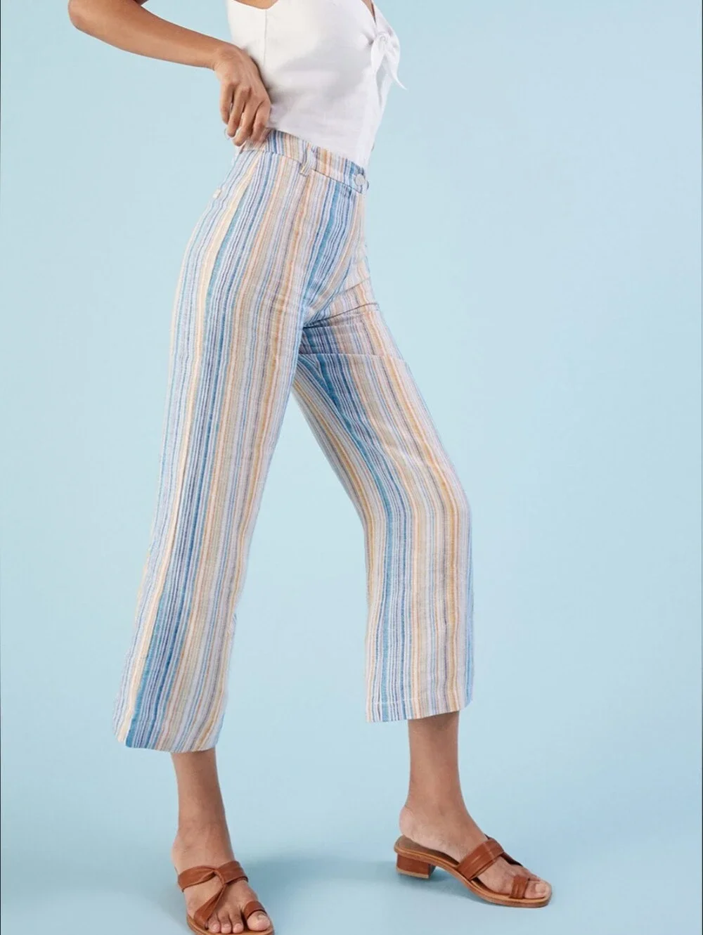 Reformation Tahiti Linen High Rise Wide Leg Crop In Rainbow Pastel Stripe